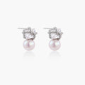 White gold stud earrings with square crystal stones in twisted frames and pink freshwater pearl drops below