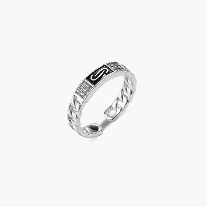 Two adjustable white gold plated rings with chain-link bands, featuring cubic zirconia halo and enamel details