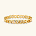 Gold 18K plated stainless steel bangle with continuous open heart links, high-polish finish, on white background.