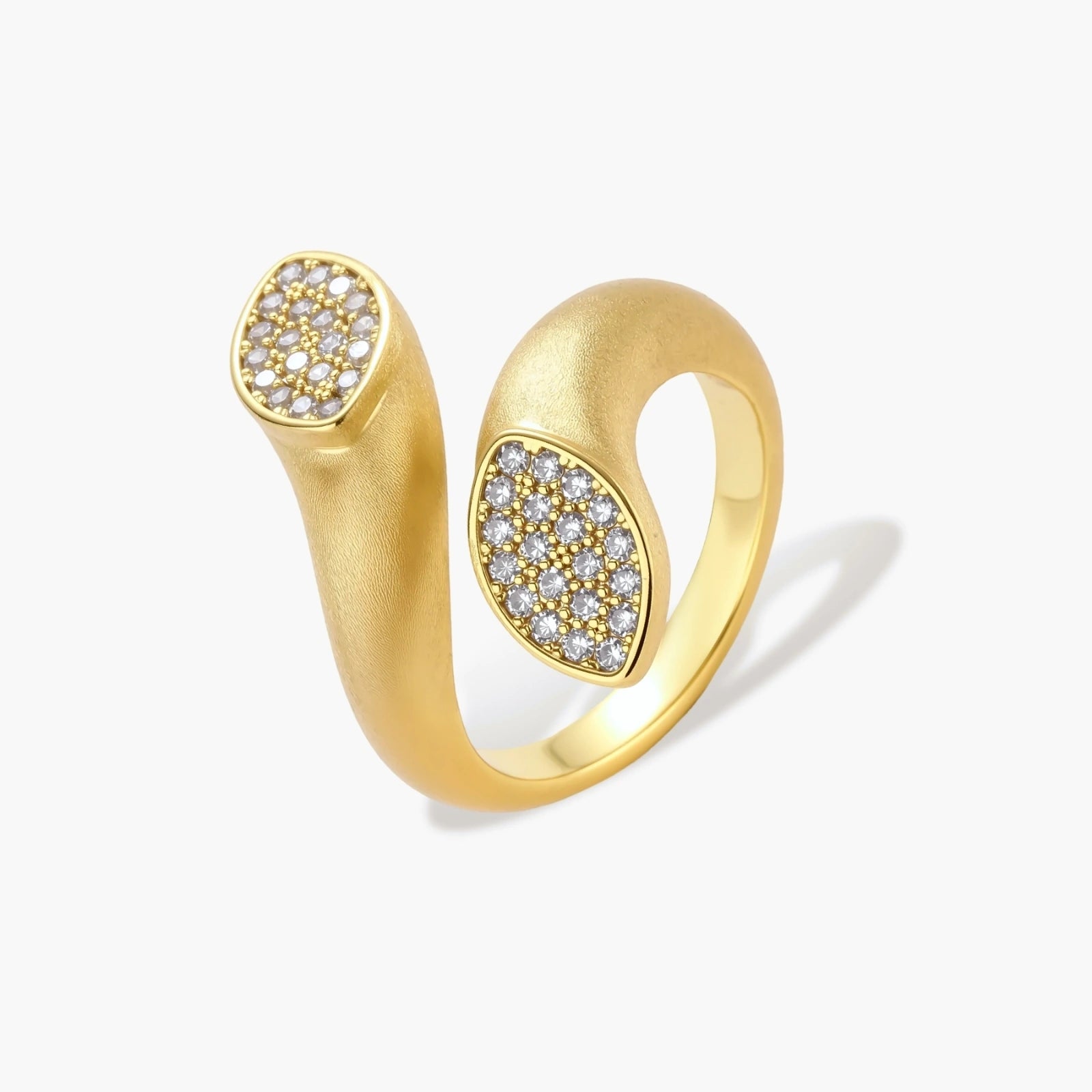 Open-band gold-plated ring with two oval pavé zirconia sections positioned at opposite ends, adjustable design