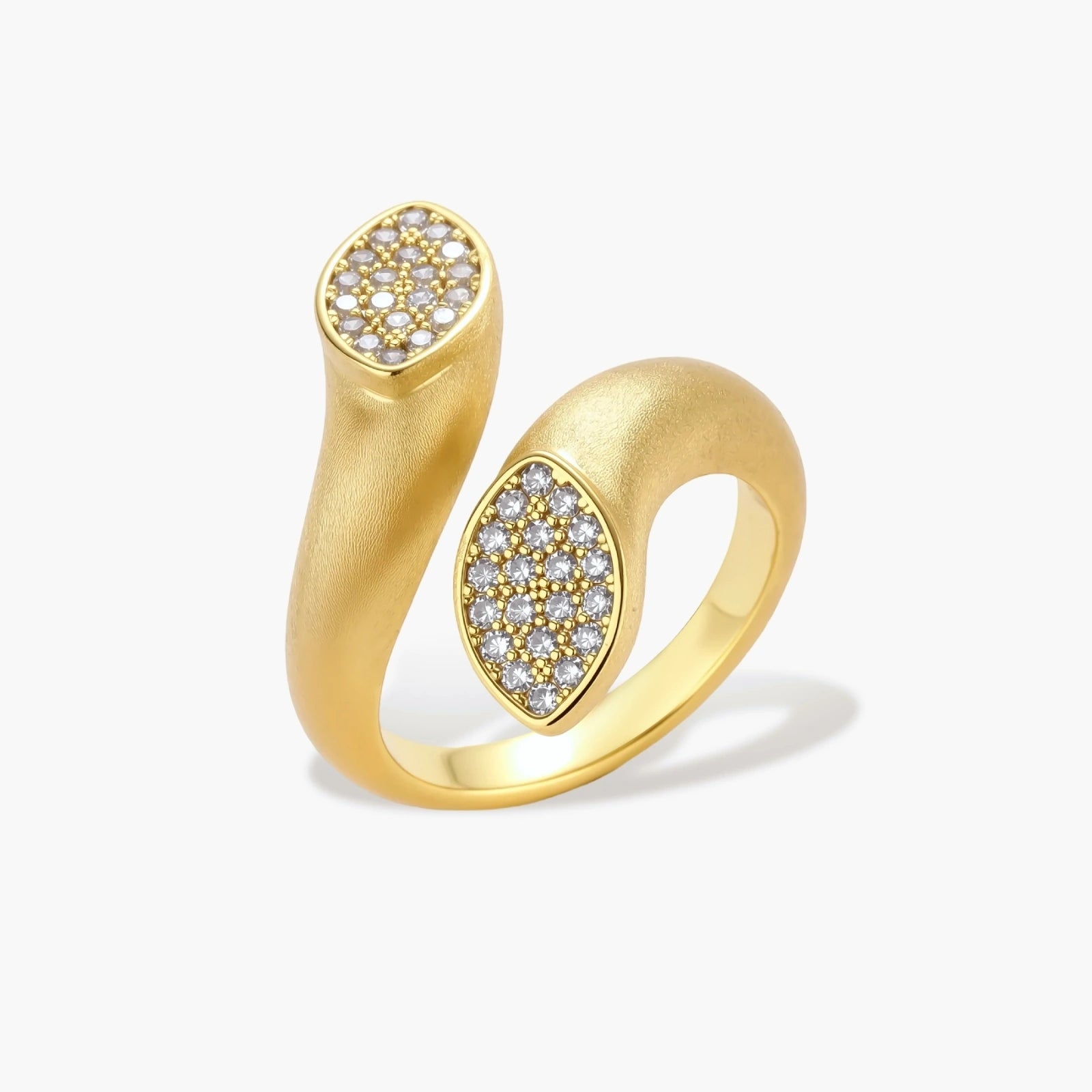 Open-band gold-plated ring with two oval pavé zirconia sections positioned at opposite ends, adjustable design